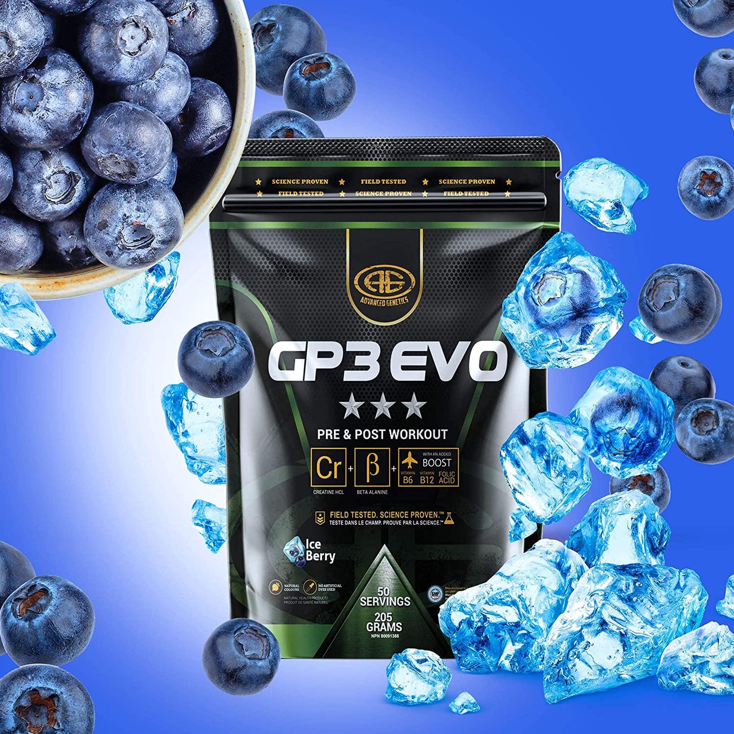 Advanced Genetics GP3 EVO Creatine HCL, Beta-Alanine and B Vitamins, Stimulant Free Pre-Workout, Post-Workout, Ice Berry - 50 Servings - 205 Grams