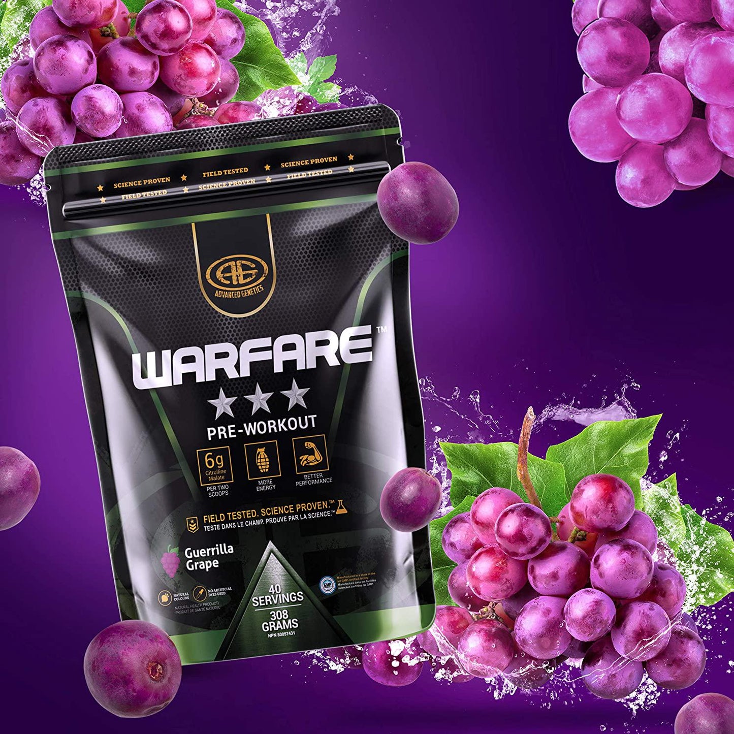 Advanced Genetics Warfare - Pre-Workout Powder - Citrulline Malate, Caffeine, Synephrine, Dendrobium, Guerrilla Grape - 40 Servings - 280 Grams