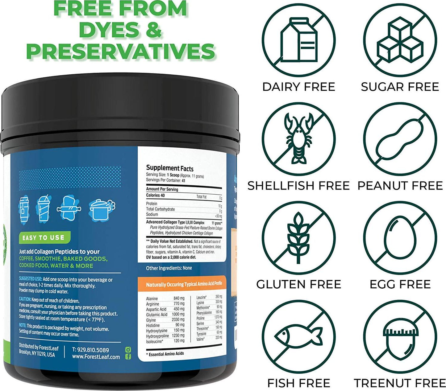 Advanced Hydrolyzed Collagen Peptides - Unflavored Protein Powder - Mixes Into Drinks and Food - Pasture Raised, Grass Fed - for Paleo and Keto; Joints and Bones - 41 Servings Collegen - by ForestLeaf