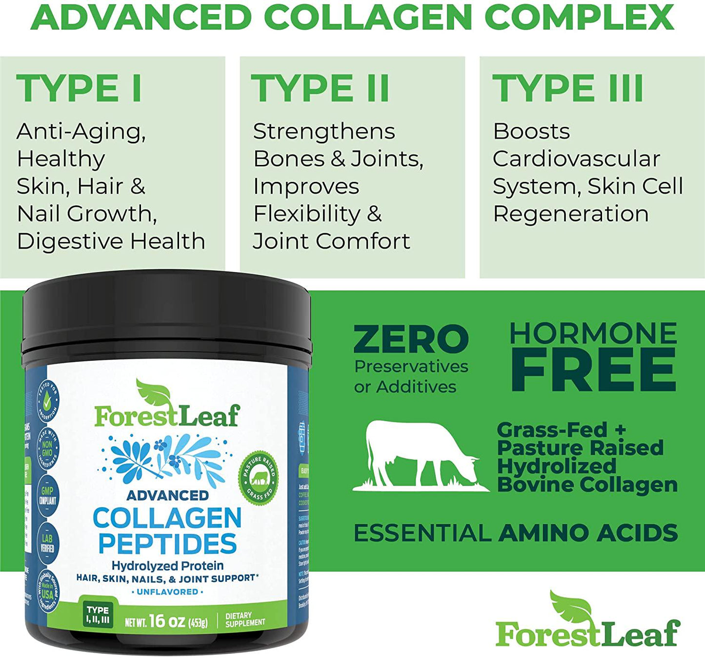 Advanced Hydrolyzed Collagen Peptides - Unflavored Protein Powder - Mixes Into Drinks and Food - Pasture Raised, Grass Fed - for Paleo and Keto; Joints and Bones - 41 Servings Collegen - by ForestLeaf