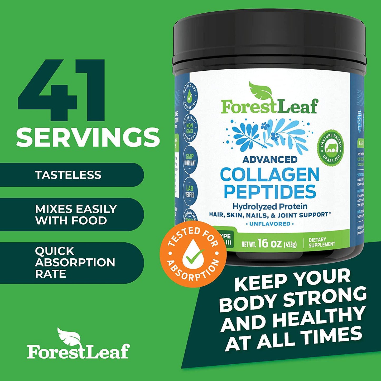 Advanced Hydrolyzed Collagen Peptides - Unflavored Protein Powder - Mixes Into Drinks and Food - Pasture Raised, Grass Fed - for Paleo and Keto; Joints and Bones - 41 Servings Collegen - by ForestLeaf