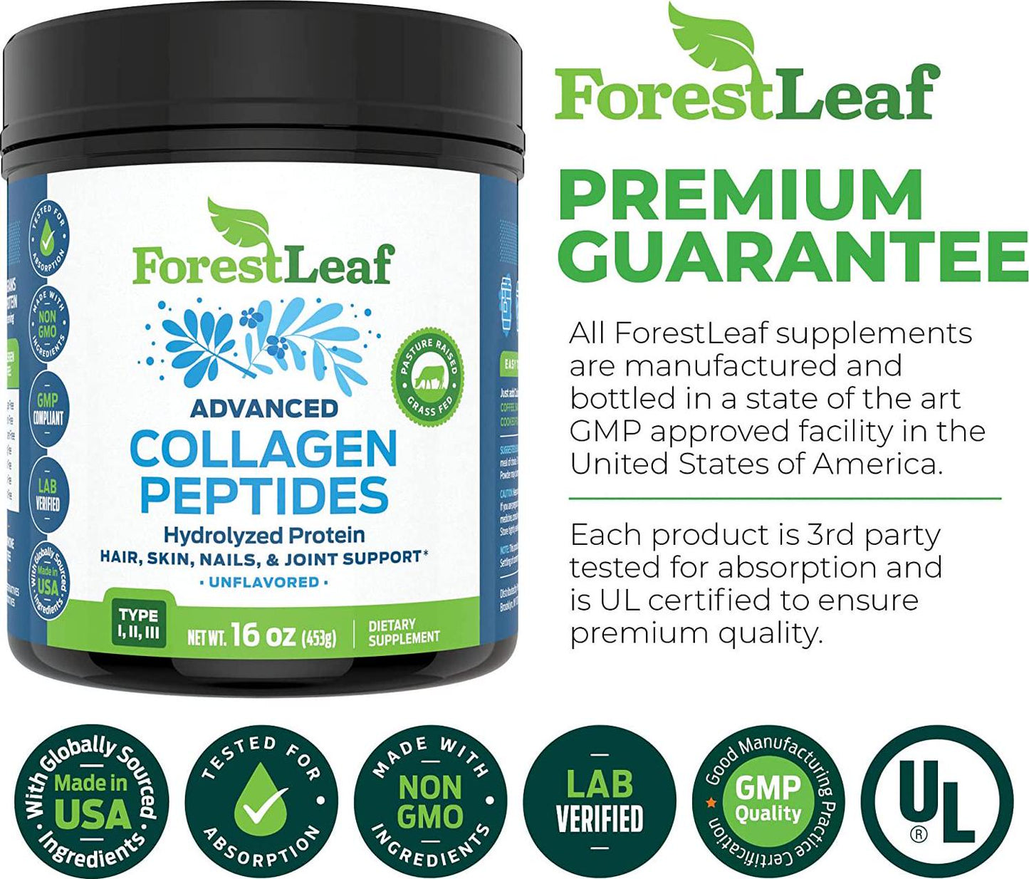 Advanced Hydrolyzed Collagen Peptides - Unflavored Protein Powder - Mixes Into Drinks and Food - Pasture Raised, Grass Fed - for Paleo and Keto; Joints and Bones - 41 Servings Collegen - by ForestLeaf