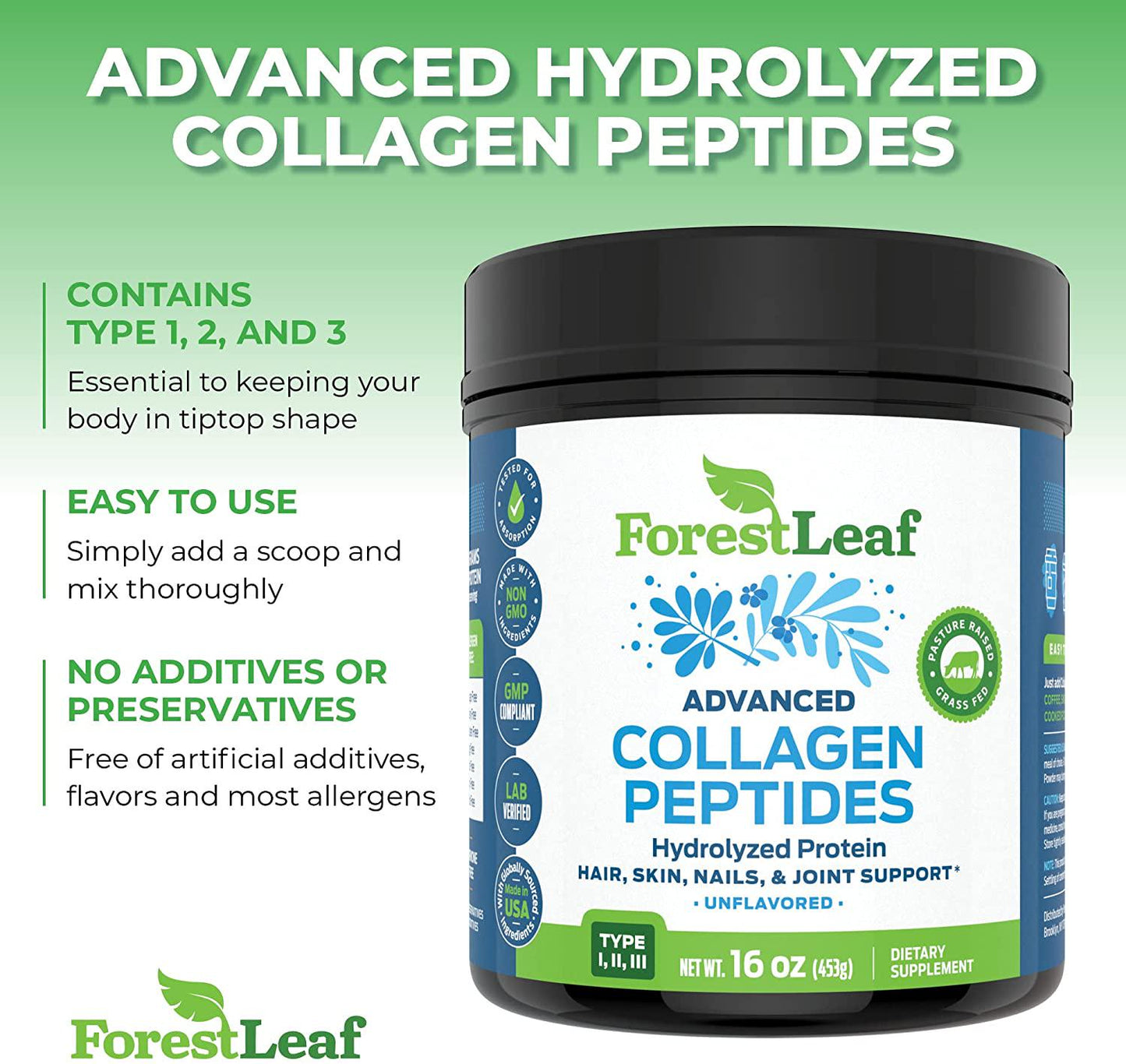 Advanced Hydrolyzed Collagen Peptides - Unflavored Protein Powder - Mixes Into Drinks and Food - Pasture Raised, Grass Fed - for Paleo and Keto; Joints and Bones - 41 Servings Collegen - by ForestLeaf