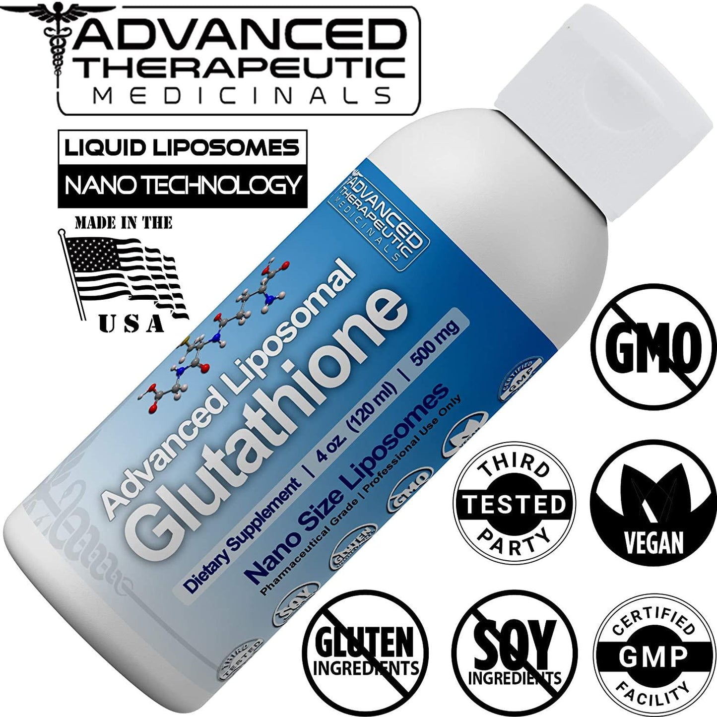 Advanced Liposomal Glutathione Supplement | 4 oz 500mg | Organic Nano Glutathione Liposomal Liquid | L-Glutathione Reduced Liposomes by Advanced Therapeutic Medicinals - No Soy, Non GMO, Vegan, USA