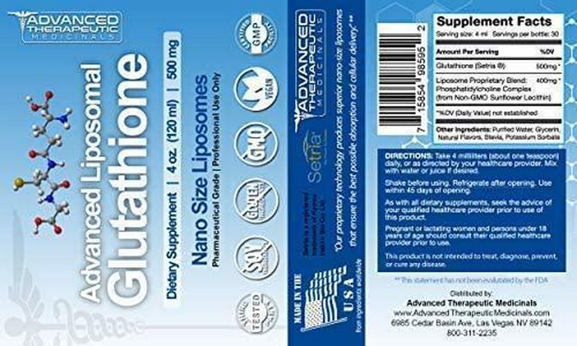 Advanced Liposomal Glutathione Supplement | 4 oz 500mg | Organic Nano Glutathione Liposomal Liquid | L-Glutathione Reduced Liposomes by Advanced Therapeutic Medicinals - No Soy, Non GMO, Vegan, USA