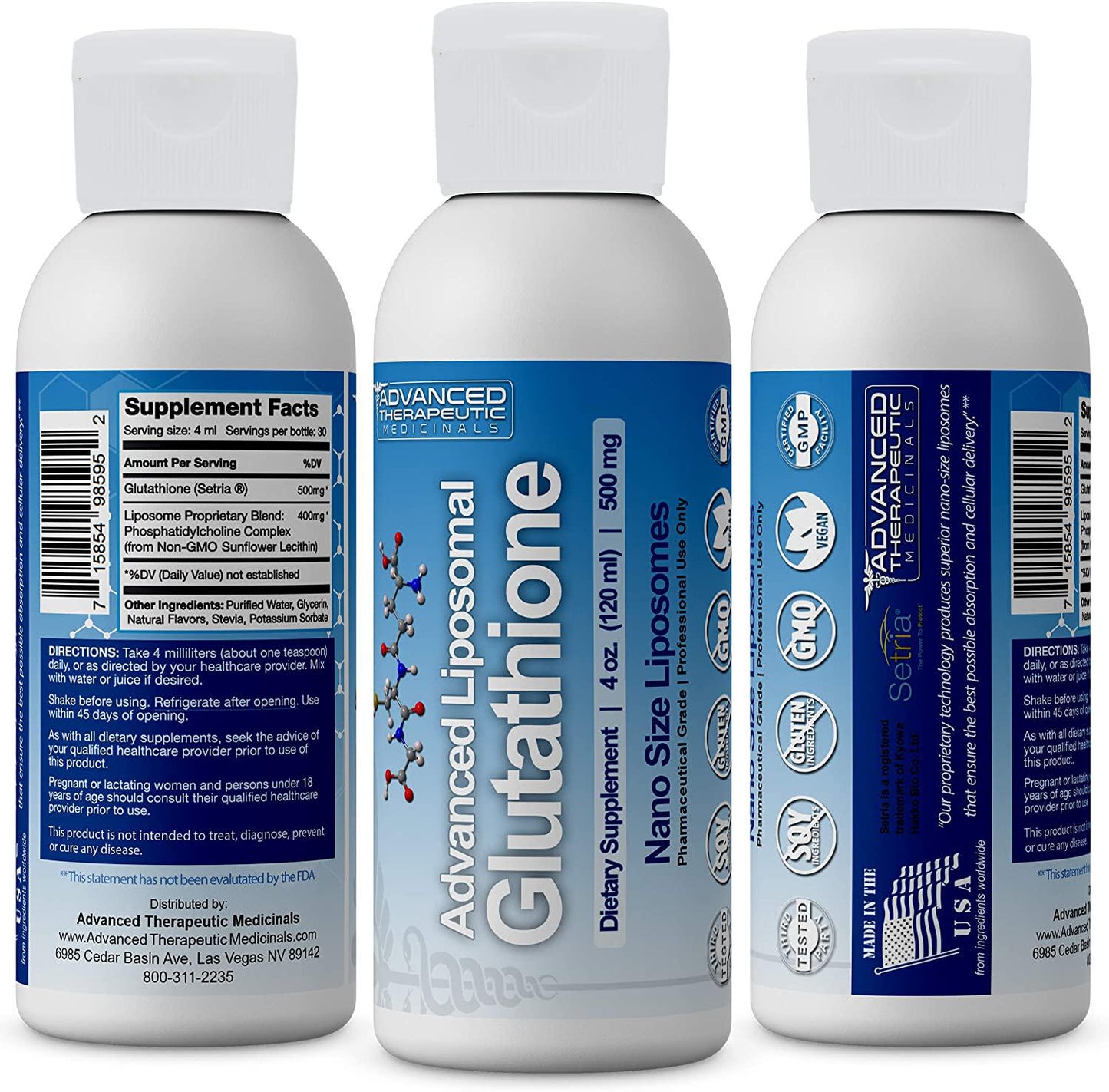 Advanced Liposomal Glutathione Supplement | 4 oz 500mg | Organic Nano Glutathione Liposomal Liquid | L-Glutathione Reduced Liposomes by Advanced Therapeutic Medicinals - No Soy, Non GMO, Vegan, USA
