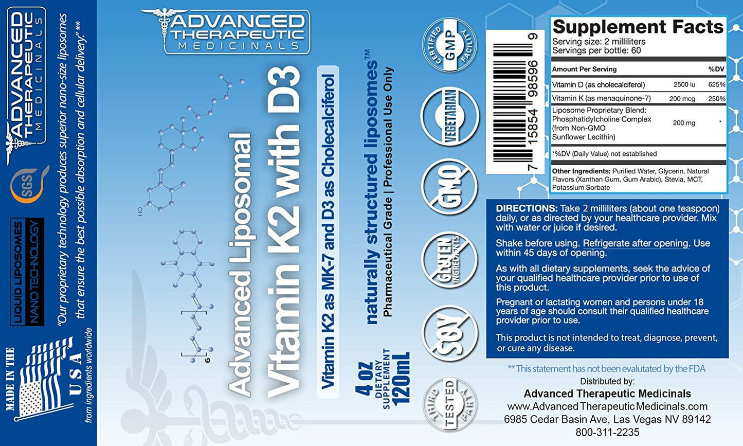 Advanced Liposomal Vitamin D3 K2 - Pharmaceutical Grade Liposome Liquid Vitamin D with Vitamin K2 as MK7 - 4 oz. of No Soy, Non GMO, Vegan K2 D3