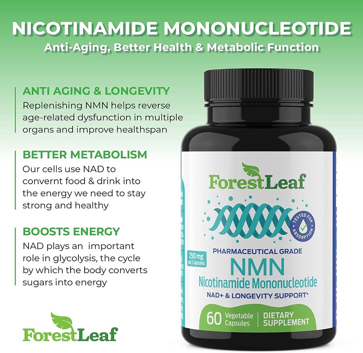 Advanced NMN Nicotinamide Mononucleotide - NAD+ Levels, Anti Aging, Health and Longevity Supplement - Brain, Energy, Cell and Metabolic Function - 60 Capsules - ForestLeaf