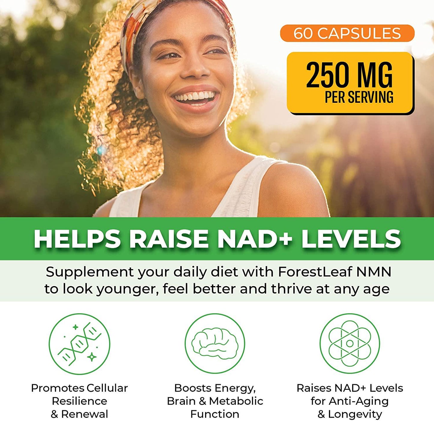 Advanced NMN Nicotinamide Mononucleotide - NAD+ Levels, Anti Aging, Health and Longevity Supplement - Brain, Energy, Cell and Metabolic Function - 60 Capsules - ForestLeaf