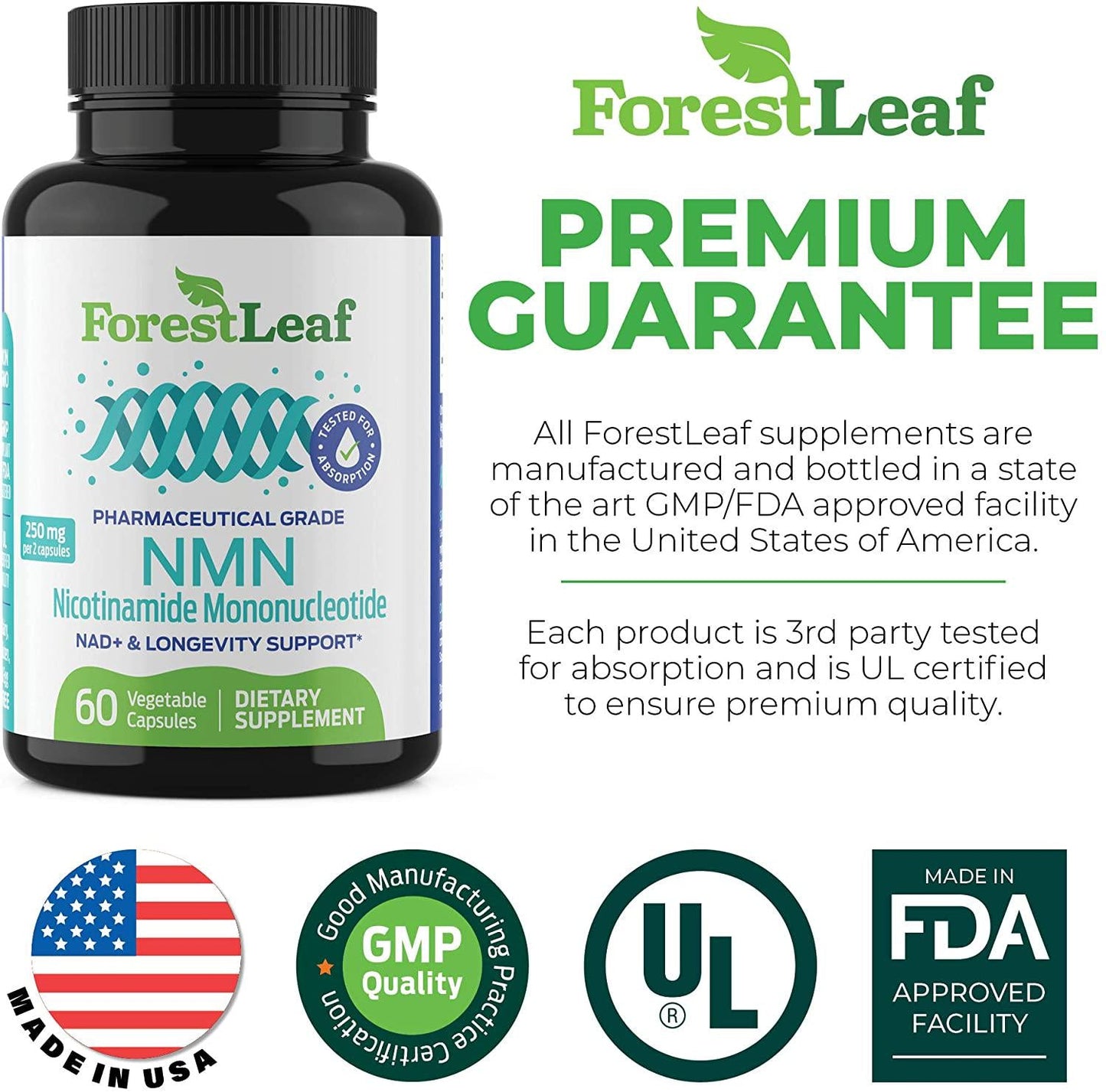 Advanced NMN Nicotinamide Mononucleotide - NAD+ Levels, Anti Aging, Health and Longevity Supplement - Brain, Energy, Cell and Metabolic Function - 60 Capsules - ForestLeaf