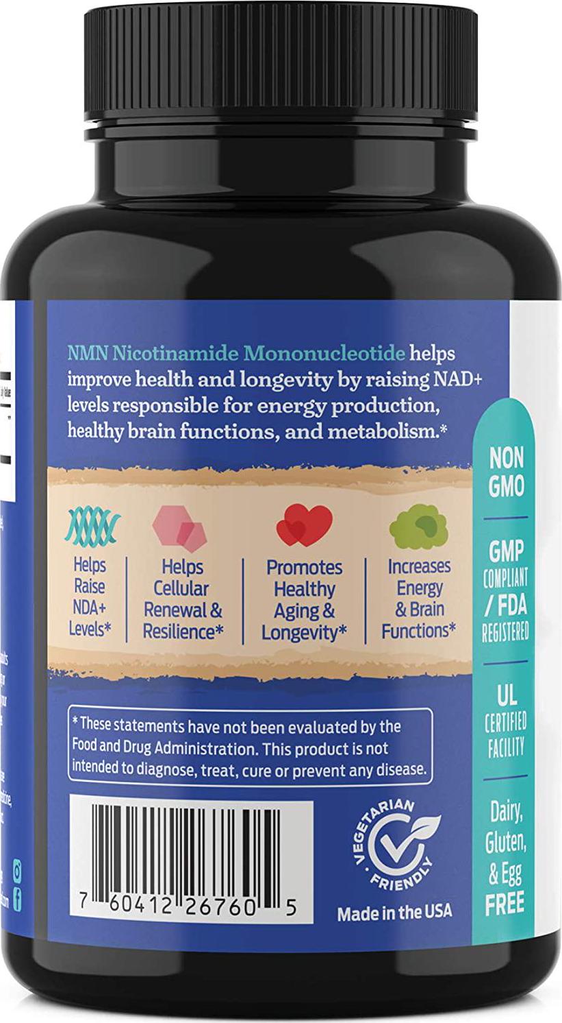 Advanced NMN Nicotinamide Mononucleotide - NAD+ Levels, Anti Aging, Health and Longevity Supplement - Brain, Energy, Cell and Metabolic Function - 60 Capsules - ForestLeaf