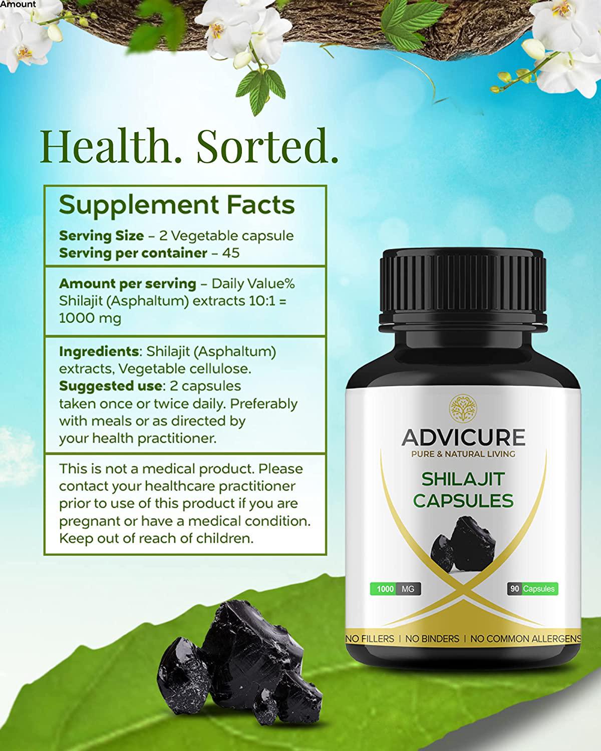 Advicure Pure Himalayan Shilajit 1000mg Extract 180 Veg Capsules Pack Natural Ayurvedic Supplement Tablets for Men Women