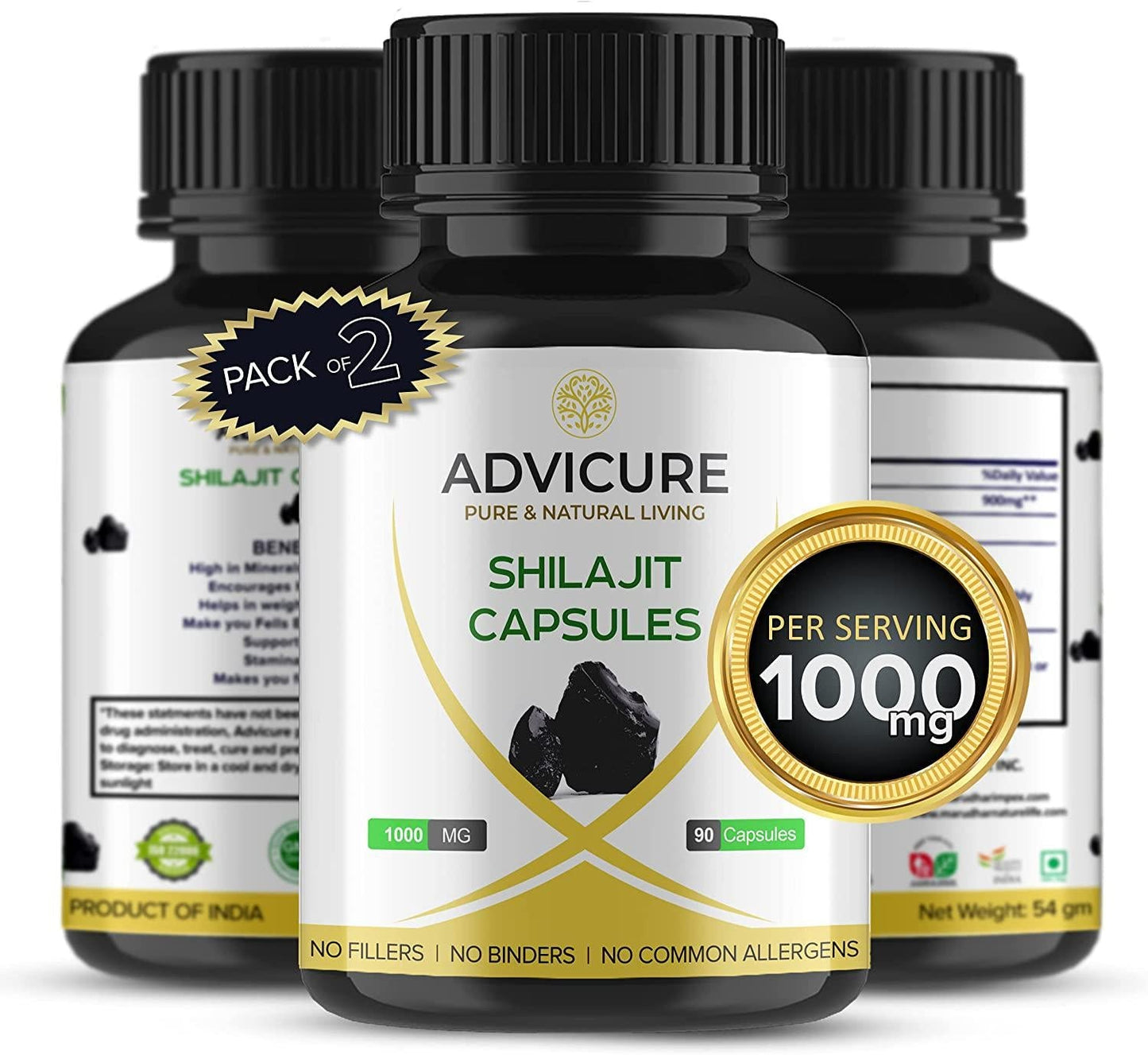Advicure Pure Himalayan Shilajit 1000mg Extract 180 Veg Capsules Pack Natural Ayurvedic Supplement Tablets for Men Women
