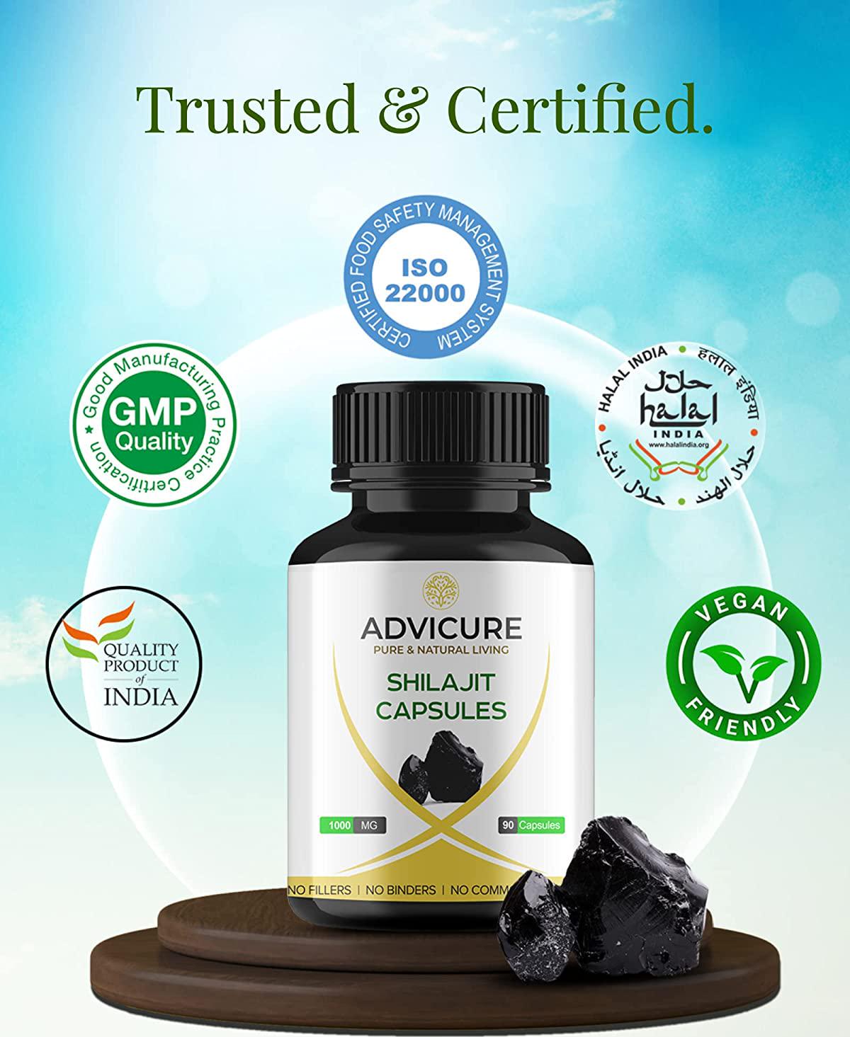 Advicure Pure Himalayan Shilajit 1000mg Extract 180 Veg Capsules Pack Natural Ayurvedic Supplement Tablets for Men Women