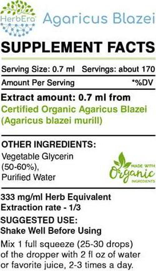 Agaricus Blazei B120 Alcohol-Free Herbal Extract Tincture, Organic Agaricus Blazei (Agaricus blazei murill) Dried Mushroom (4 fl oz)