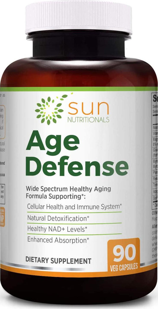 Age Defense with Sulforaphane precursors Glucoraphanin and Myrosinase, NAD+ boosters Apigenin, Niacin and Trimethylglycine, Nrf2 and Sirtuin activators Pterostilbene and Trans-Resveratrol, Vitamin K2, Magnesium - Sun Nutritionals