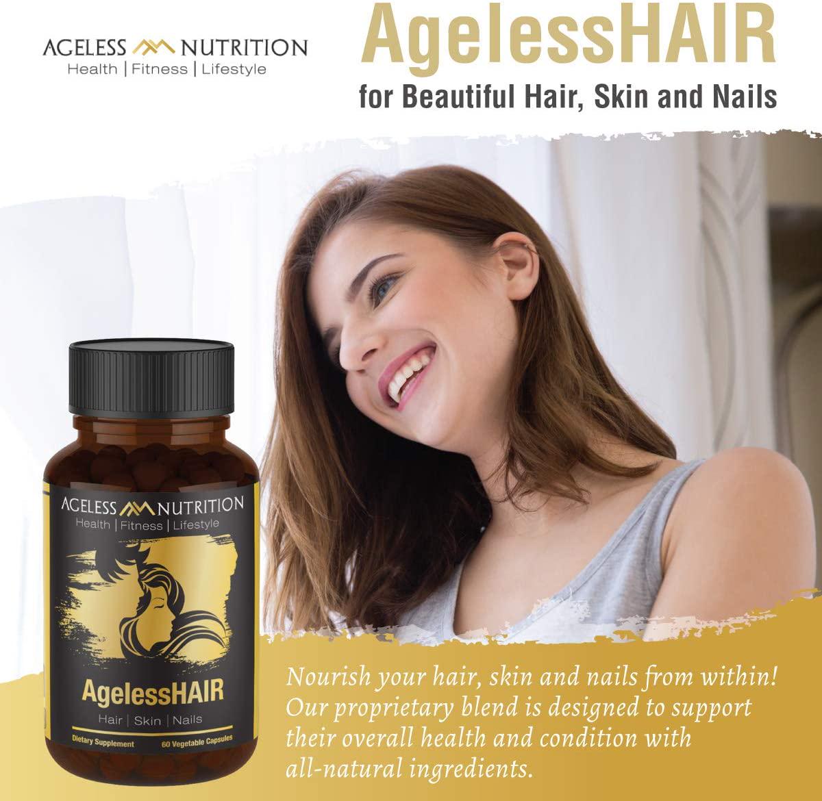 AgelessHAIR - Premium Hair Growth Formula for Healthier, Stronger, Shinier Hair - All Natural Supplements Including Biotin, Collagen, Vitamin A, Horsetail Leaf Extract - 60 Veggie Capsules
