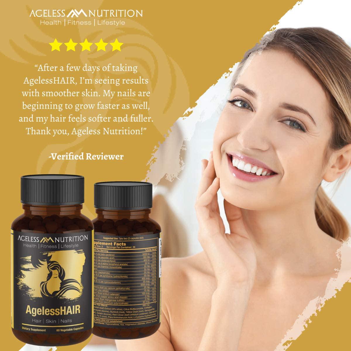 AgelessHAIR - Premium Hair Growth Formula for Healthier, Stronger, Shinier Hair - All Natural Supplements Including Biotin, Collagen, Vitamin A, Horsetail Leaf Extract - 60 Veggie Capsules