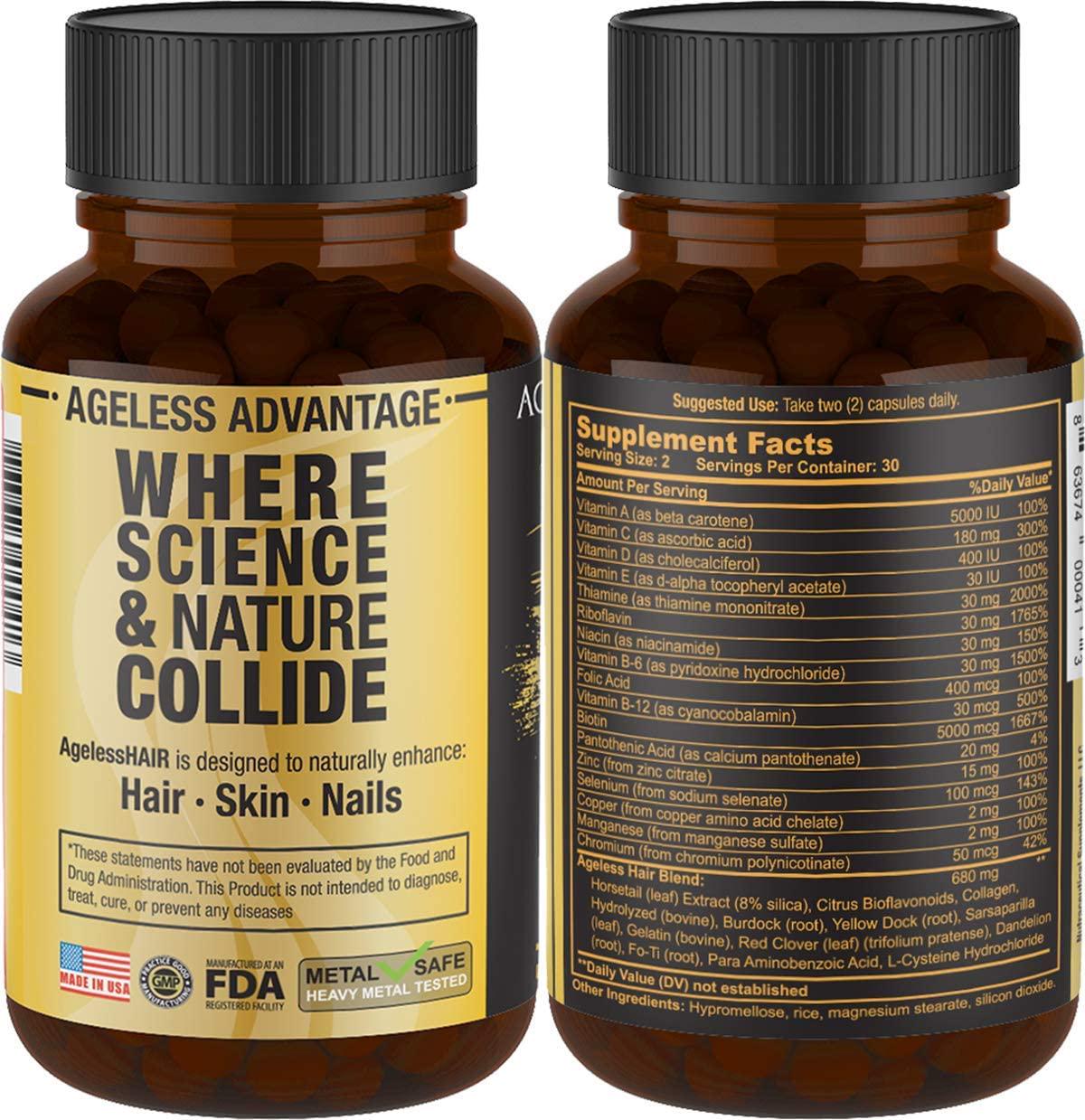 AgelessHAIR - Premium Hair Growth Formula for Healthier, Stronger, Shinier Hair - All Natural Supplements Including Biotin, Collagen, Vitamin A, Horsetail Leaf Extract - 60 Veggie Capsules