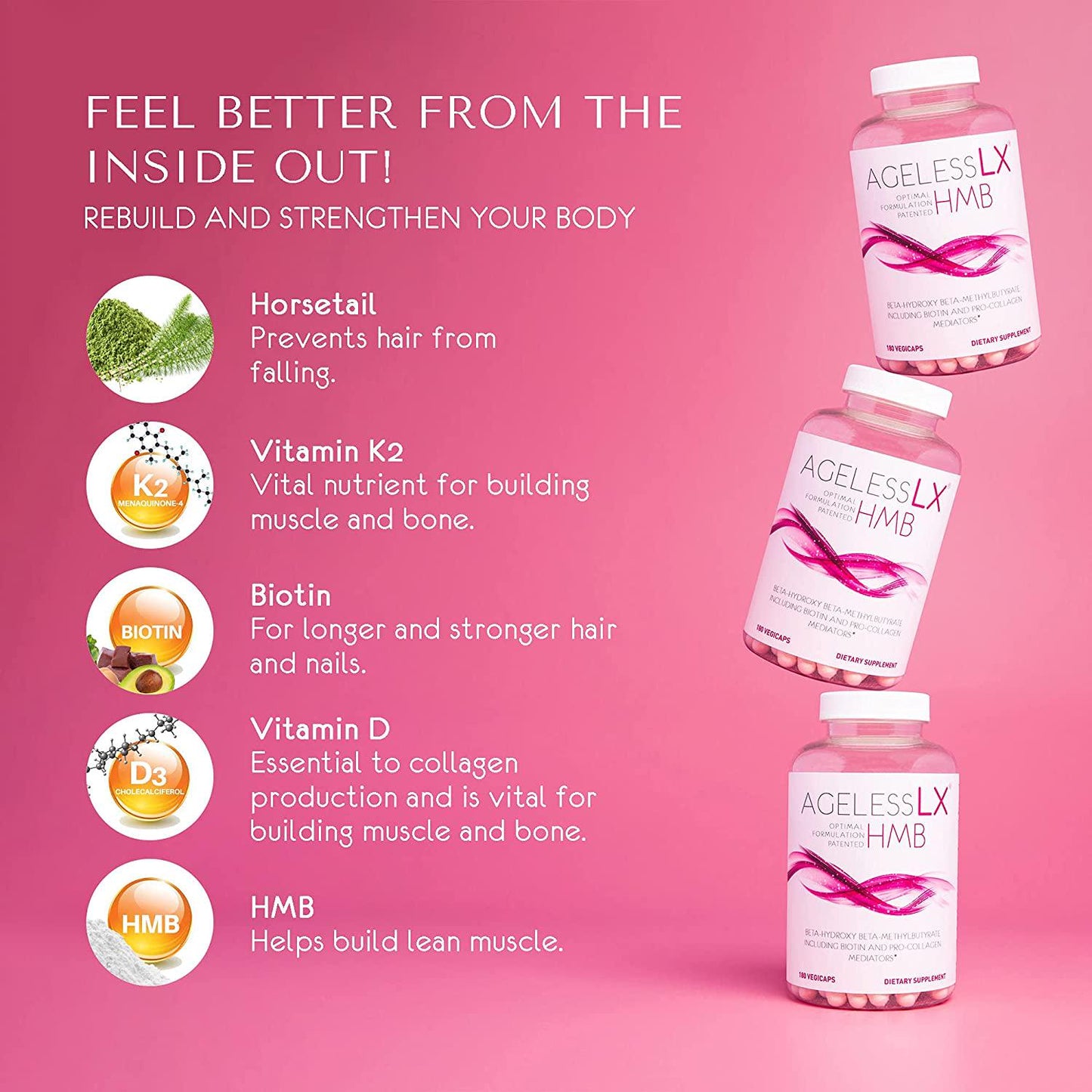 AgelessLX Anti Aging Supplement for Women - with HMB Collagen Enhancer Plus Vitamin D3 and K2, Horsetail and Biotin - Helps Build Lean Muscle, Strong Nails and Promotes Hair Growth