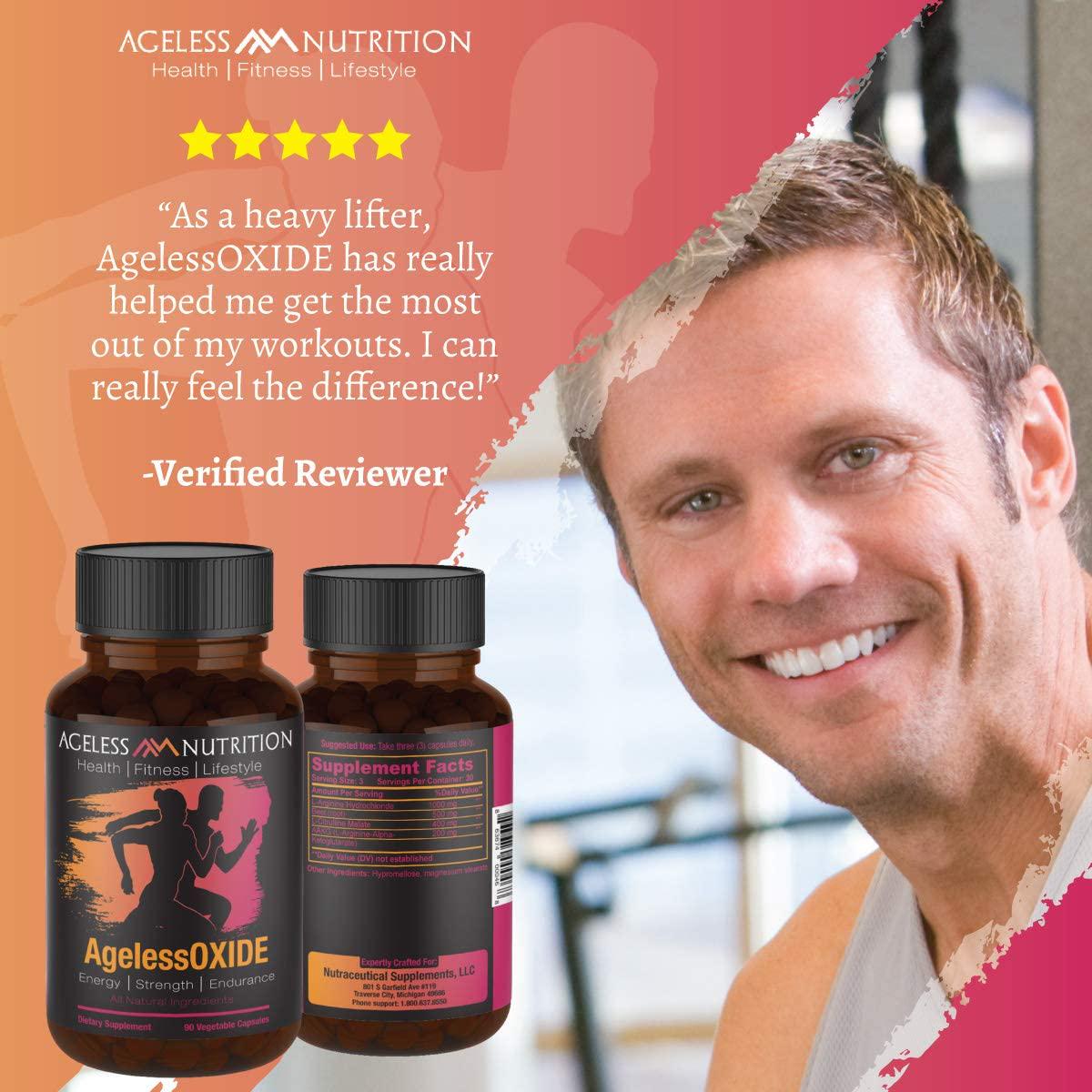 AgelessOXIDE - Nitric Oxide Supplement with L Arginine, Citrulline Malate, AAKG and Beet Root – All-Natural Nitric Booster for Energy, Strength and Endurance - 90 Veggie Capsules.