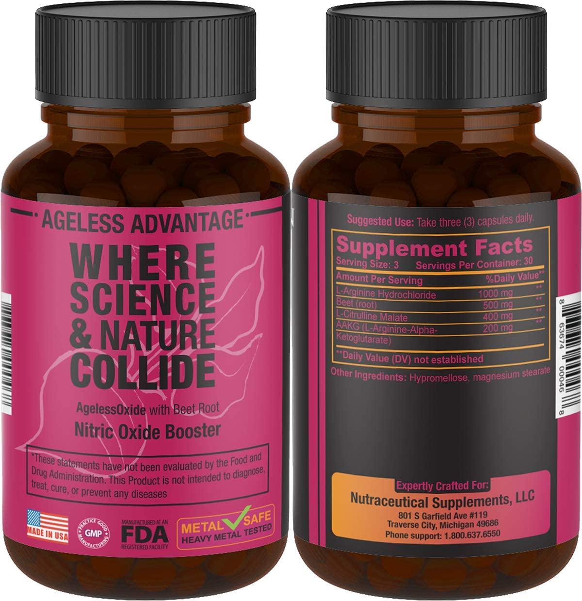AgelessOXIDE - Nitric Oxide Supplement with L Arginine, Citrulline Malate, AAKG and Beet Root – All-Natural Nitric Booster for Energy, Strength and Endurance - 90 Veggie Capsules.