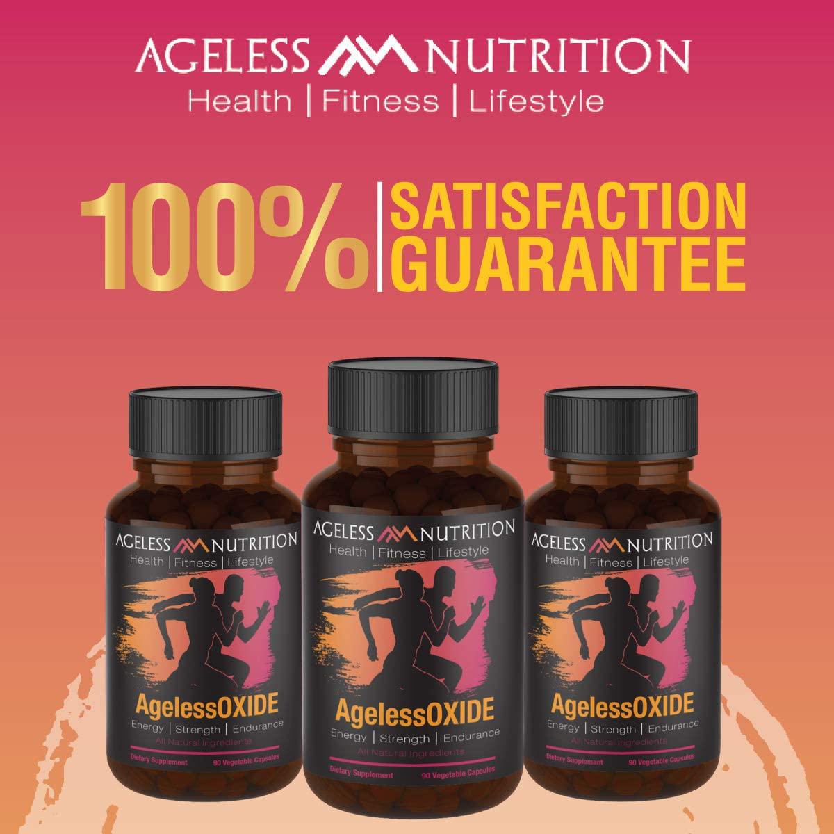 AgelessOXIDE - Nitric Oxide Supplement with L Arginine, Citrulline Malate, AAKG and Beet Root – All-Natural Nitric Booster for Energy, Strength and Endurance - 90 Veggie Capsules.