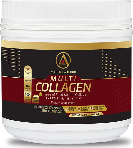 Agentica Allgood Multi Collagen Protein Powder – Multi Collagen Supplement Type I, II, III, V, X Collagen Peptides – Collagen Protein for Bone and Joint Support, Skin, Hair, Nails – Unflavored – 16oz