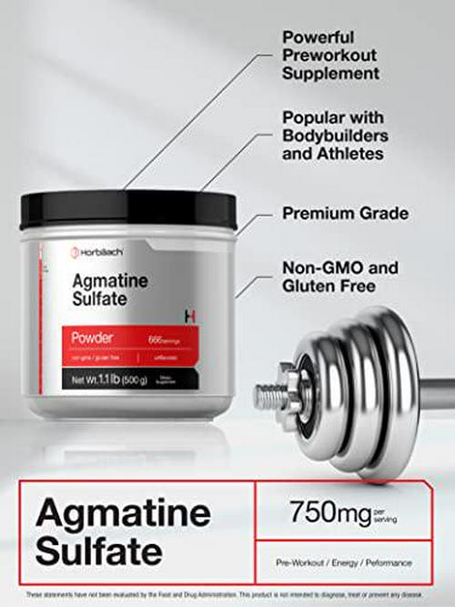 Agmatine Sulfate Powder | 500 Grams | 666 Servings | Unflavored | Pre Workout Supplement | Vegetarian, Non-GMO and Gluten Free | by Horbaach