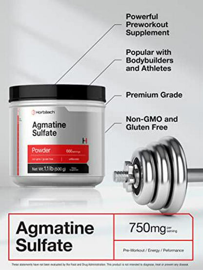 Agmatine Sulfate Powder | 500 Grams | 666 Servings | Unflavored | Pre Workout Supplement | Vegetarian, Non-GMO and Gluten Free | by Horbaach