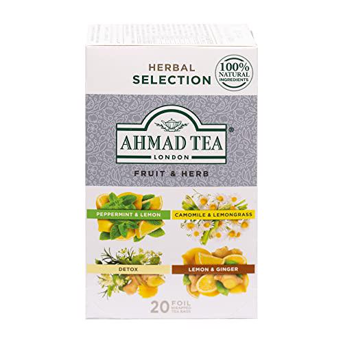 Ahmad Tea Herbal Tea, Fruit and Herb Selection, 4 Teas Peppermint and Lemon, Camomile and Lemongrass, Lemon and Ginger, and Detox Teabags, 20 ct - Decaffeinated and Sugar-Free
