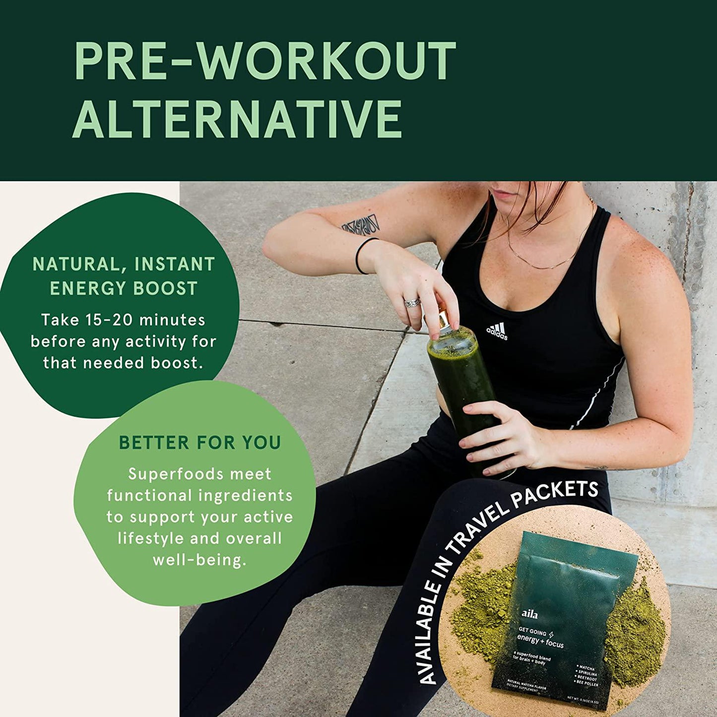 Aila Energy Drink Powder - Natural Pre Workout Drink Mix with 90 mg of Caffeine - Green Tea Matcha Flavor, Plant-Based, Energy Drink Contains Beetroot, Vitamins - Gluten Free, Non-GMO - 24 Servings