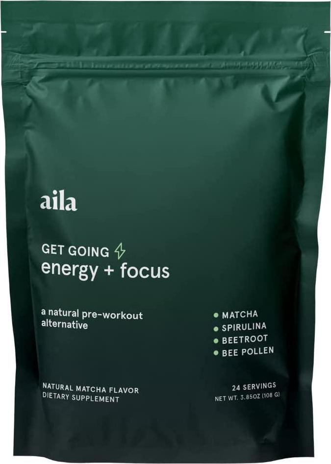 Aila Energy Drink Powder - Natural Pre Workout Drink Mix with 90 mg of Caffeine - Green Tea Matcha Flavor, Plant-Based, Energy Drink Contains Beetroot, Vitamins - Gluten Free, Non-GMO - 24 Servings