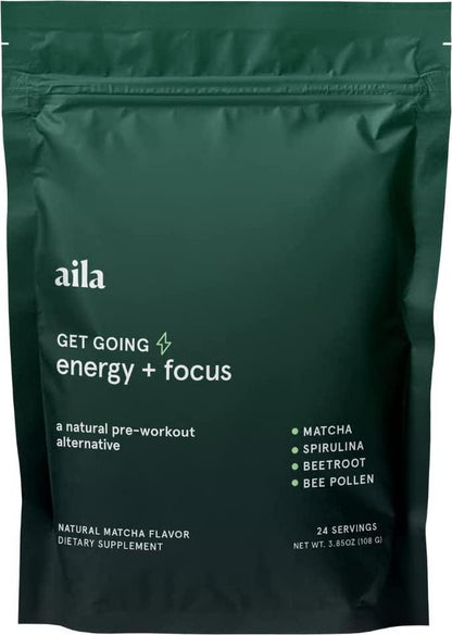 Aila Energy Drink Powder - Natural Pre Workout Drink Mix with 90 mg of Caffeine - Green Tea Matcha Flavor, Plant-Based, Energy Drink Contains Beetroot, Vitamins - Gluten Free, Non-GMO - 24 Servings