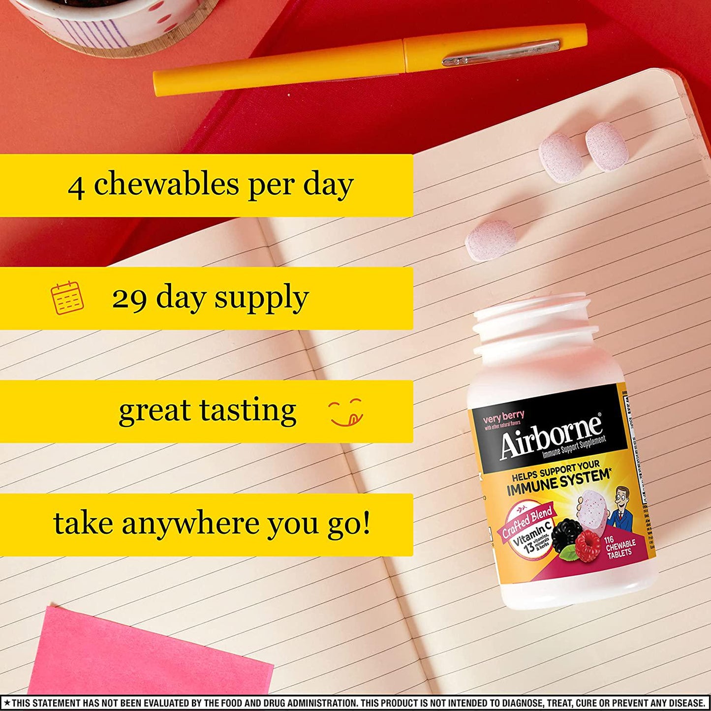 Airborne 1000mg Vitamin C Chewable Tablets with Zinc, Immune Support Supplement with Powerful Antioxidants Vitamins A C and E - (116 count bottle), Very Berry Flavor, Gluten-Free