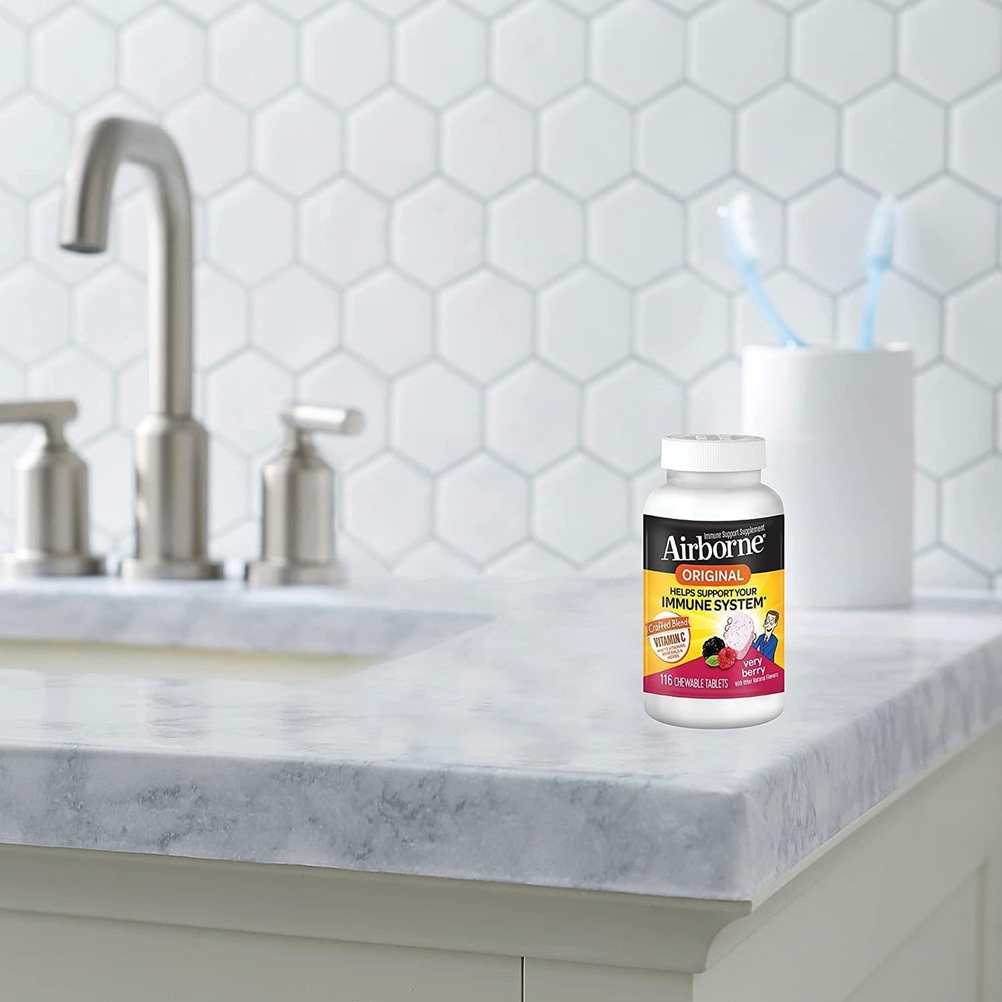 Airborne 1000mg Vitamin C Chewable Tablets with Zinc, Immune Support Supplement with Powerful Antioxidants Vitamins A C and E - (116 count bottle), Very Berry Flavor, Gluten-Free