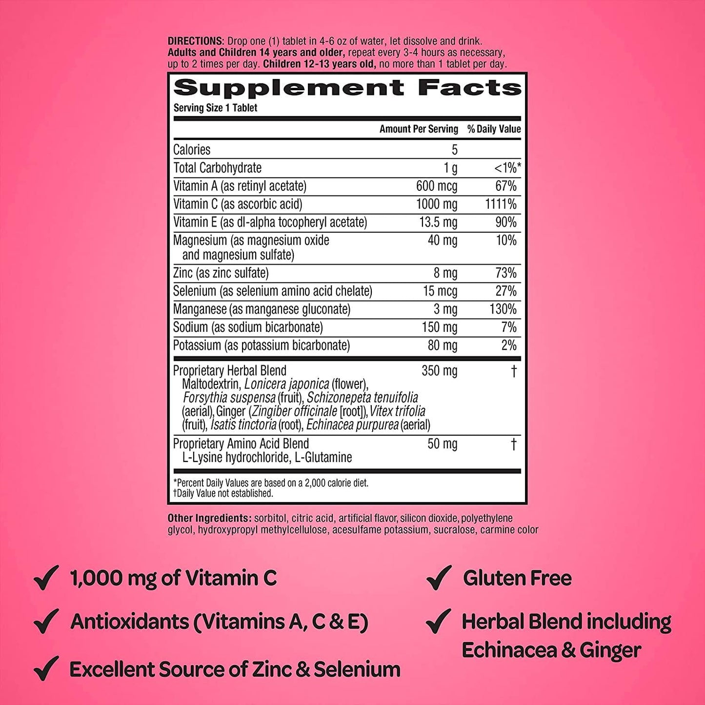 Airborne 1000mg Vitamin C with Zinc Effervescent Tablets, Immune Support Supplement with Powerful Antioxidants Vitamins A C and E - (30 count box), Very Berry Flavor, Fizzy Drink Tablets, Gluten-Free