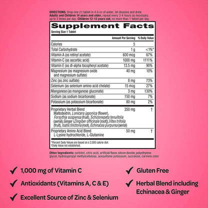 Airborne 1000mg Vitamin C with Zinc Effervescent Tablets, Immune Support Supplement with Powerful Antioxidants Vitamins A C and E - (30 count box), Very Berry Flavor, Fizzy Drink Tablets, Gluten-Free