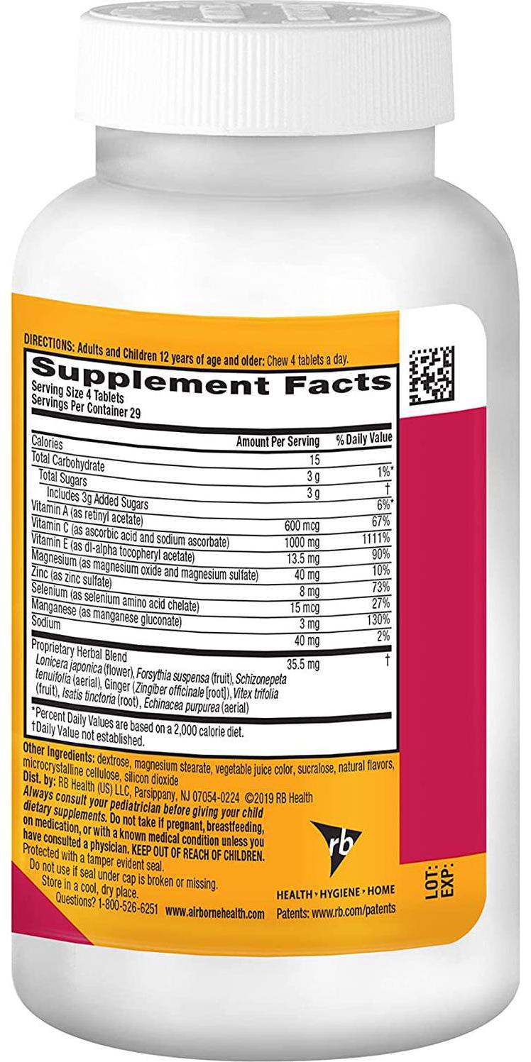 Airborne 1000mg Vitamin C Chewable Tablets with Zinc, Immune Support Supplement with Powerful Antioxidants Vitamins A C and E - (116 count bottle), Very Berry Flavor, Gluten-Free