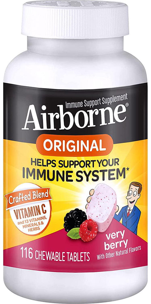 Airborne 1000mg Vitamin C Chewable Tablets with Zinc, Immune Support Supplement with Powerful Antioxidants Vitamins A C and E - (116 count bottle), Very Berry Flavor, Gluten-Free