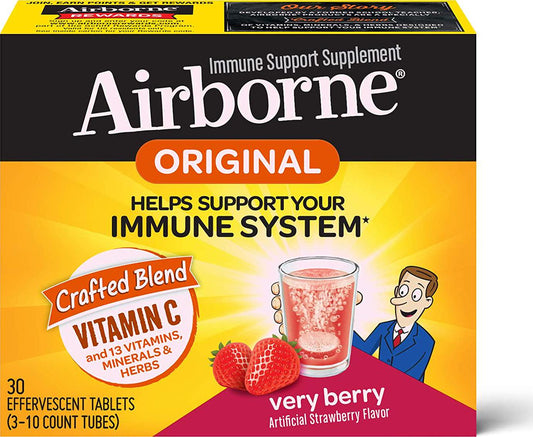 Airborne 1000mg Vitamin C with Zinc Effervescent Tablets, Immune Support Supplement with Powerful Antioxidants Vitamins A C and E - (30 count box), Very Berry Flavor, Fizzy Drink Tablets, Gluten-Free