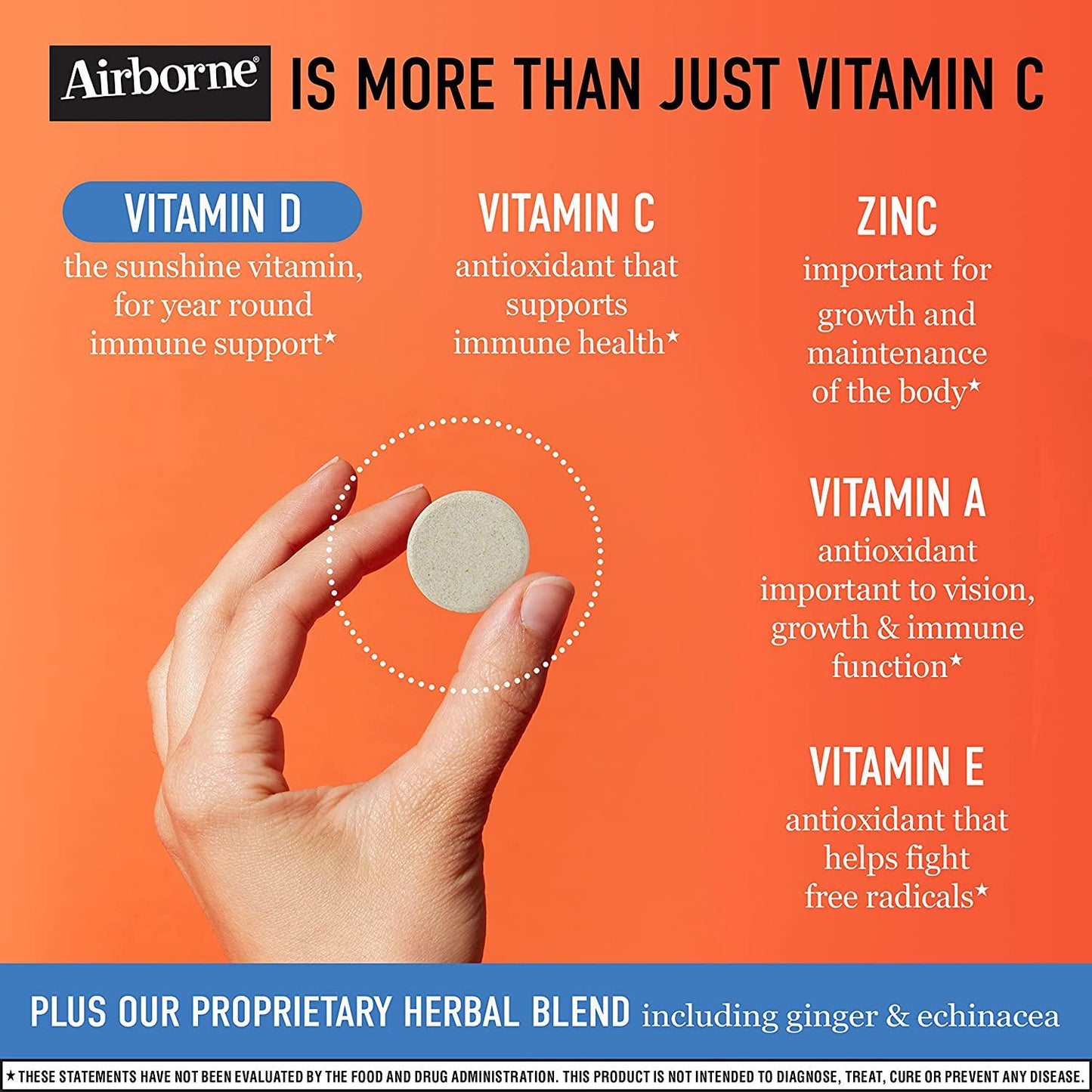 Airborne 750mg Vitamin C Plus Vitamin D and Zinc Effervescent Tablets, Immune Support Supplement with Powerful Antioxidants Vitamins A C D and E (27 Count), Zesty Orange Flavor, Fizzy Drink Tablets