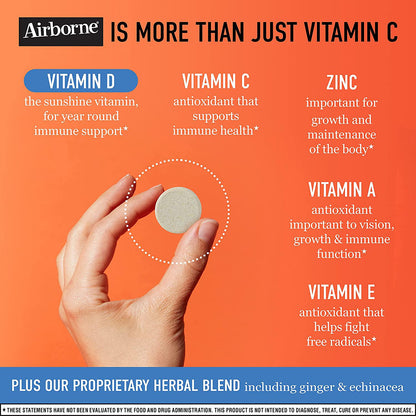 Airborne 750mg Vitamin C Plus Vitamin D and Zinc Effervescent Tablets, Immune Support Supplement with Powerful Antioxidants Vitamins A C D and E (27 Count), Zesty Orange Flavor, Fizzy Drink Tablets