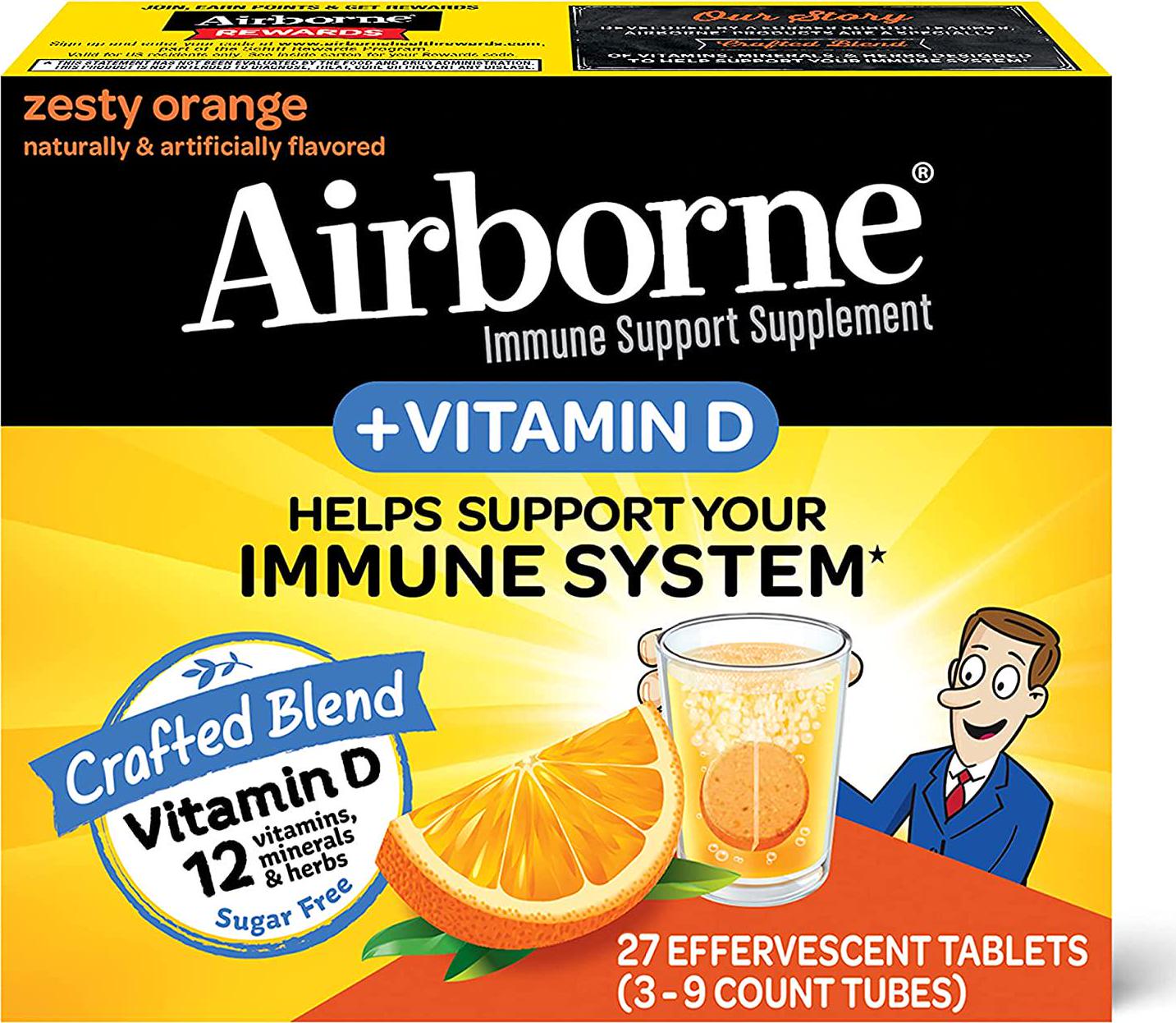 Airborne 750mg Vitamin C Plus Vitamin D and Zinc Effervescent Tablets, Immune Support Supplement with Powerful Antioxidants Vitamins A C D and E (27 Count), Zesty Orange Flavor, Fizzy Drink Tablets