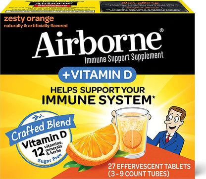 Airborne 750mg Vitamin C Plus Vitamin D and Zinc Effervescent Tablets, Immune Support Supplement with Powerful Antioxidants Vitamins A C D and E (27 Count), Zesty Orange Flavor, Fizzy Drink Tablets