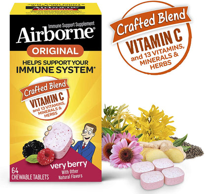 Airborne Chewable Immune Support Berry Tablets 64 ea (Pack of 3)