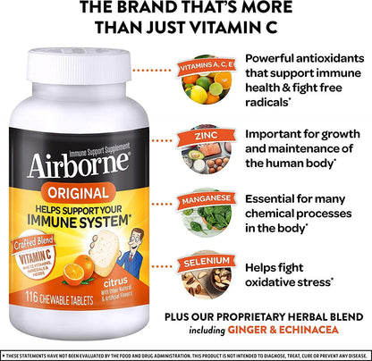 Airborne Citrus Chewable Tablets 1000mg of Vitamin C - Immune Support Supplement 116 ea (Pack of 2)