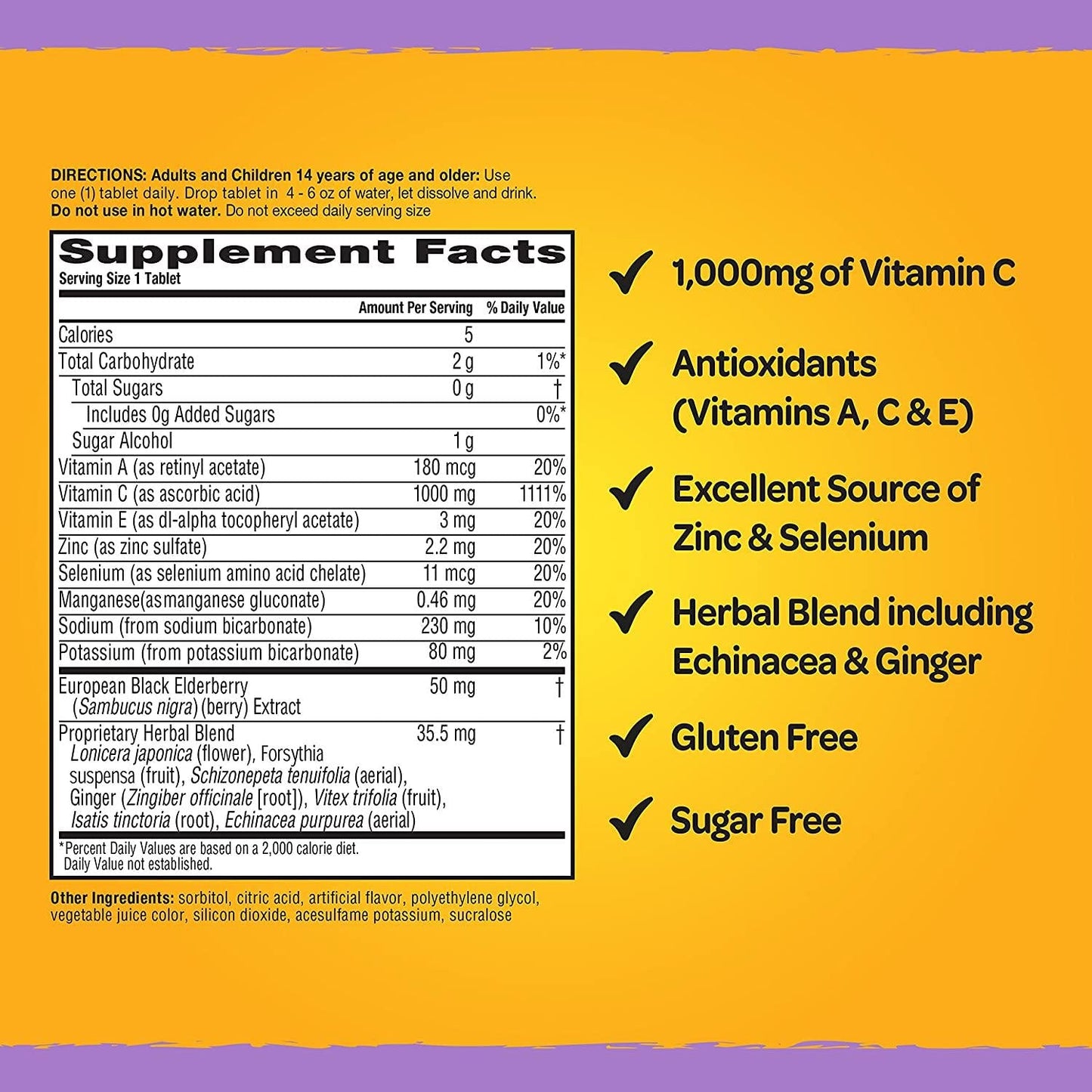 Airborne Elderberry Extract + Vitamin C 1000mg (per serving) - Effervescent Tablets (30 count in a box), Gluten-Free Immune Support Supplement, With Vitamins A C E, Zinc, Selenium, Sugar Free