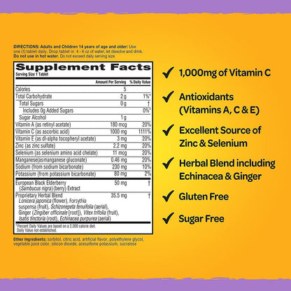 Airborne Elderberry Extract + Vitamin C 1000mg (per serving) - Effervescent Tablets (30 count in a box), Gluten-Free Immune Support Supplement, With Vitamins A C E, Zinc, Selenium, Sugar Free