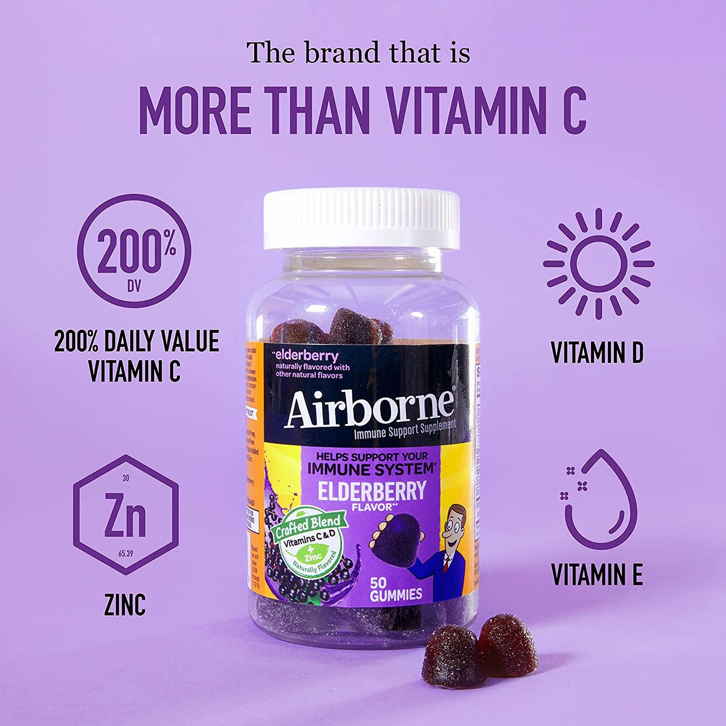 Airborne Elderberry + Vitamins Zinc Crafted Blend Gummies in a Bottle GlutenFree Immune Support Supplement with Vitamins C D E That Has No Artificial Sweeteners No Color Added, Purple, Gummy, 50 Count